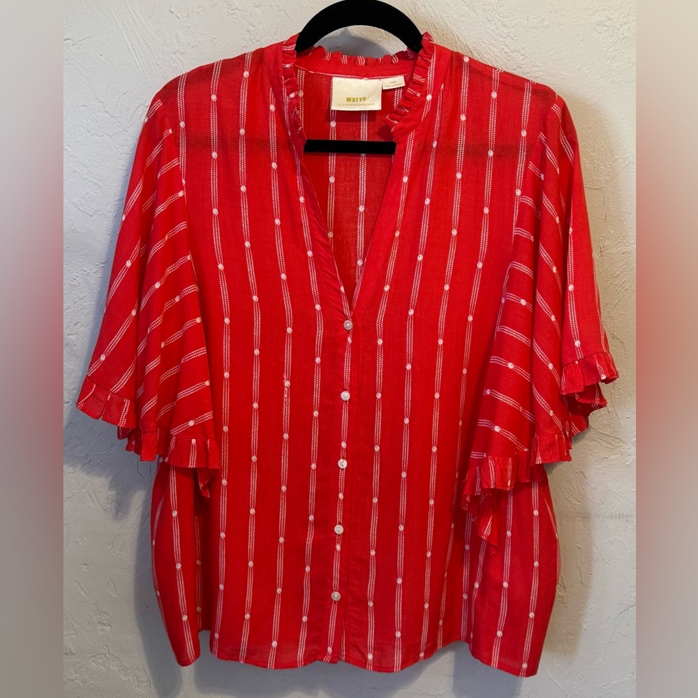 Anthropologie Red Striped Ruffle Sleeve Blouse